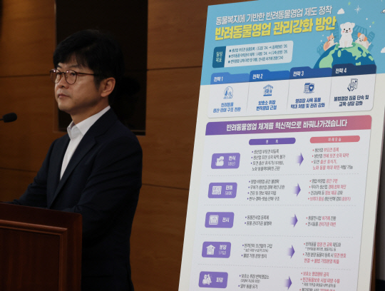 이재식 농림축산식품부 동물복지환경정책관이 30일 오전 세종시 정부세종청사에서 반려동물영업 관리강화 방안을 발표하고 있다. [연합뉴스]